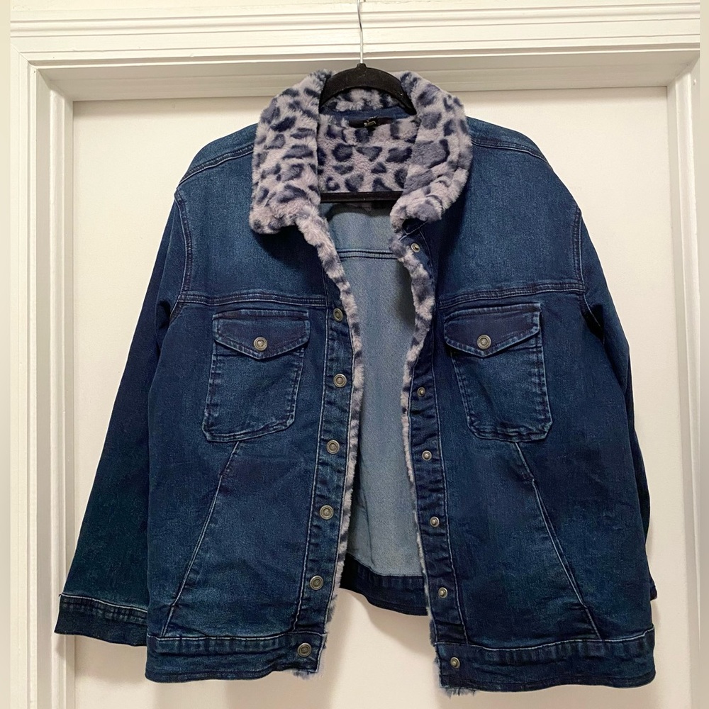 Y2K Faux Fur lined denim jacket women’s size 1X animal print cheetah girls